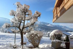 Winterurlaub in Reit im Winkl, Ferienwohnungen Neumaier, Blick vom verschneiten Garten auf Berpanorama